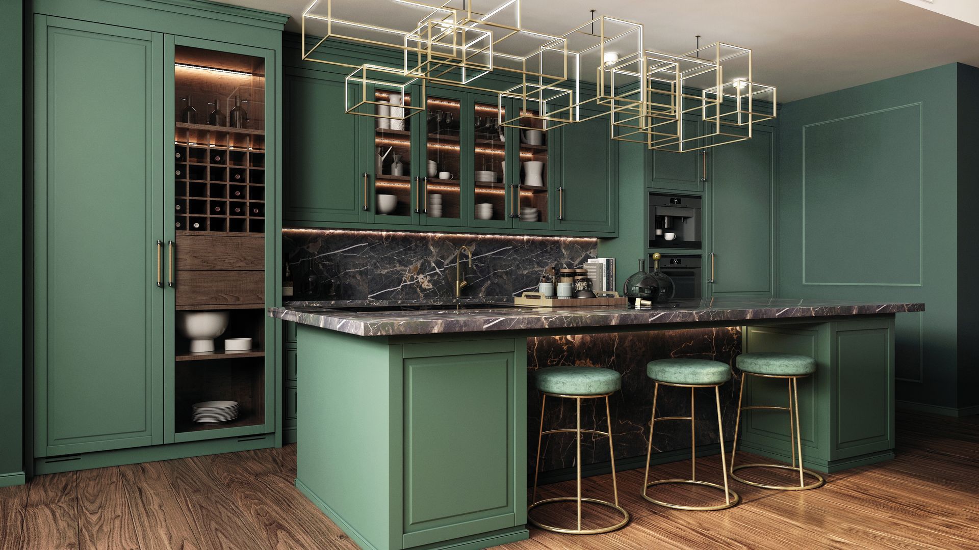A kitchen with green cabinets and a large island with stools.
