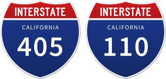 Two interstate signs for 405 and 110 in california