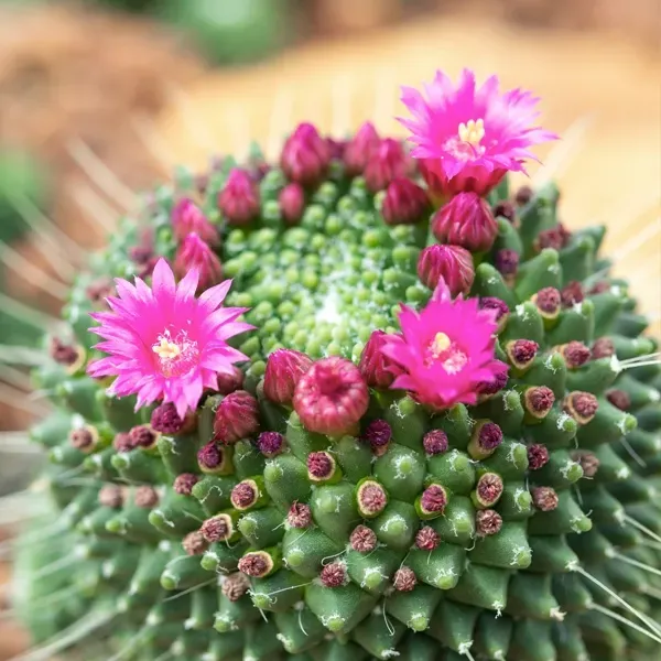 Close-up of a green cactus with pink flowers and buds.