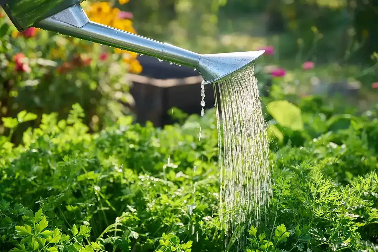 Watering can pouring water over green plants in a garden.