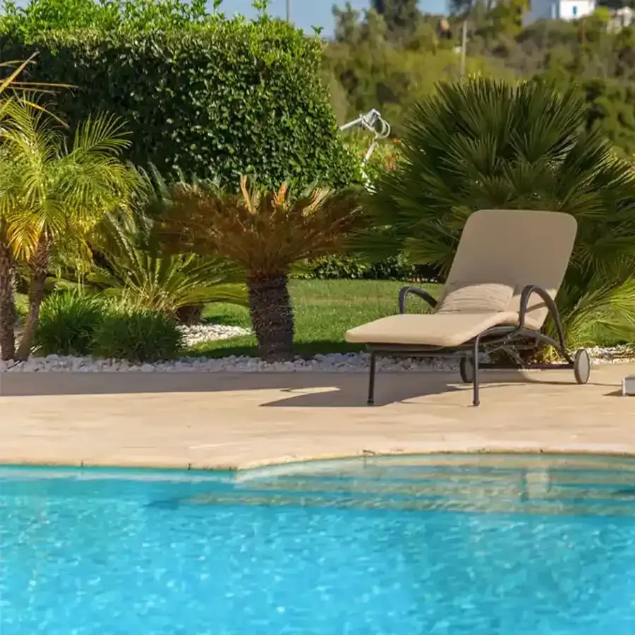 Lounge chair by a pool, set in a sunny garden with palm trees and green hedges.