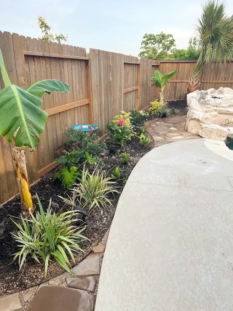 Garden bed along a fence, beside a pool. Features banana plants and various greenery.