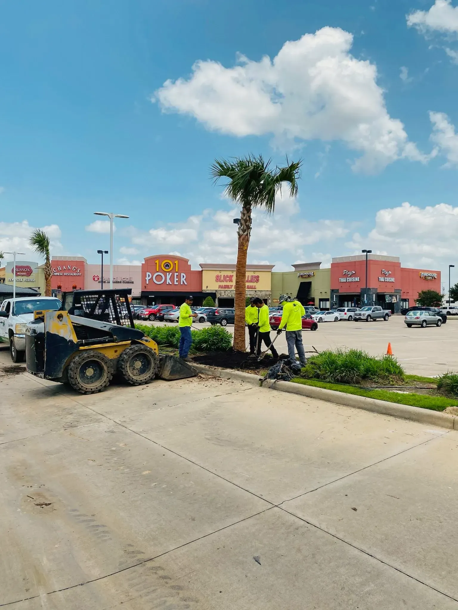 Workers landscaping a parking lot beside a shopping center, with a palm tree and skid steer under a blue sky.