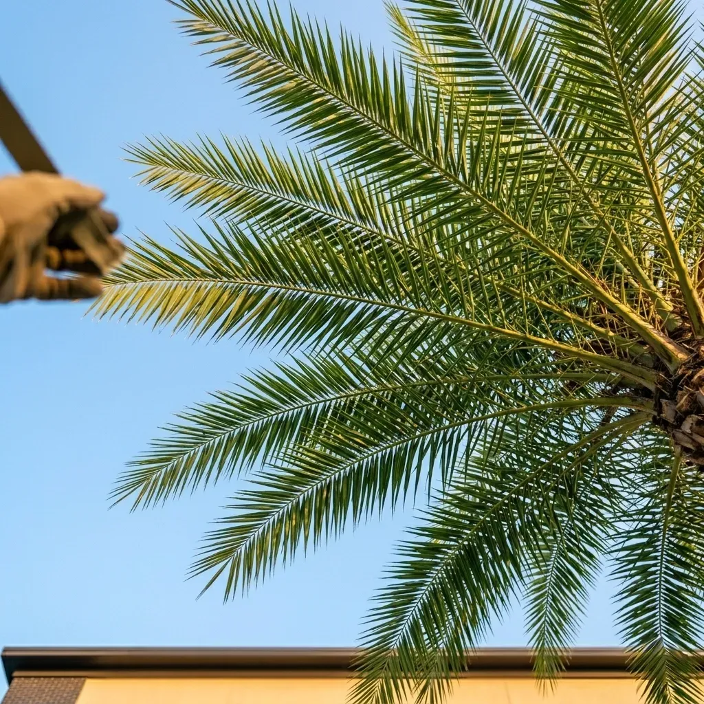 Palm fronds against a clear blue sky, with part of a building and a statue at the edge