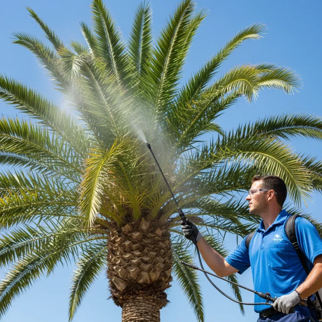 Man spraying palm tree with a backpack sprayer on a sunny day.