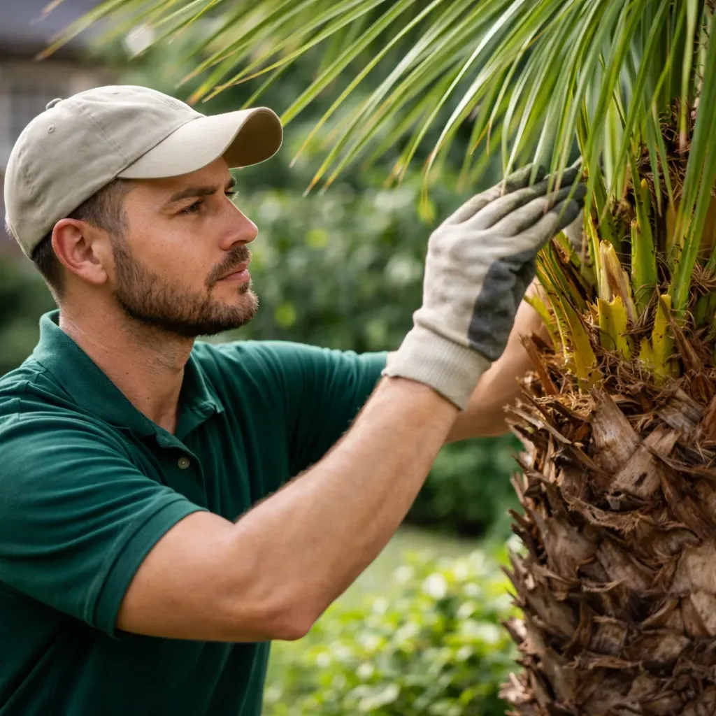 Man in gloves and hat pruning palm tree.