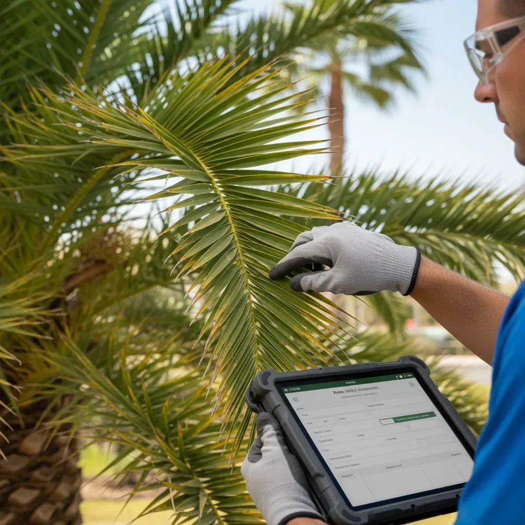 Man in gloves examining palm leaf with a tablet, outdoor setting.