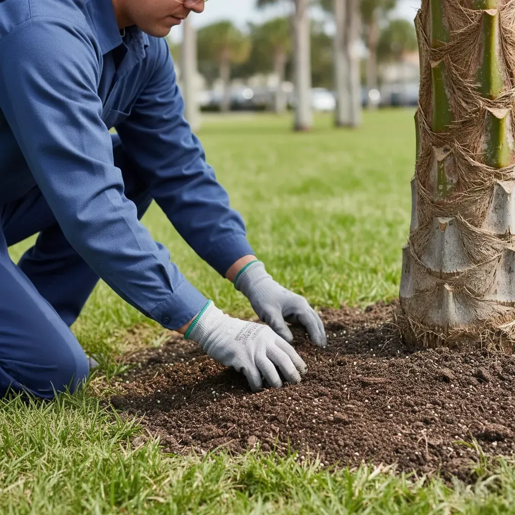 Person kneeling, spreading soil around a tree trunk on a grassy lawn.