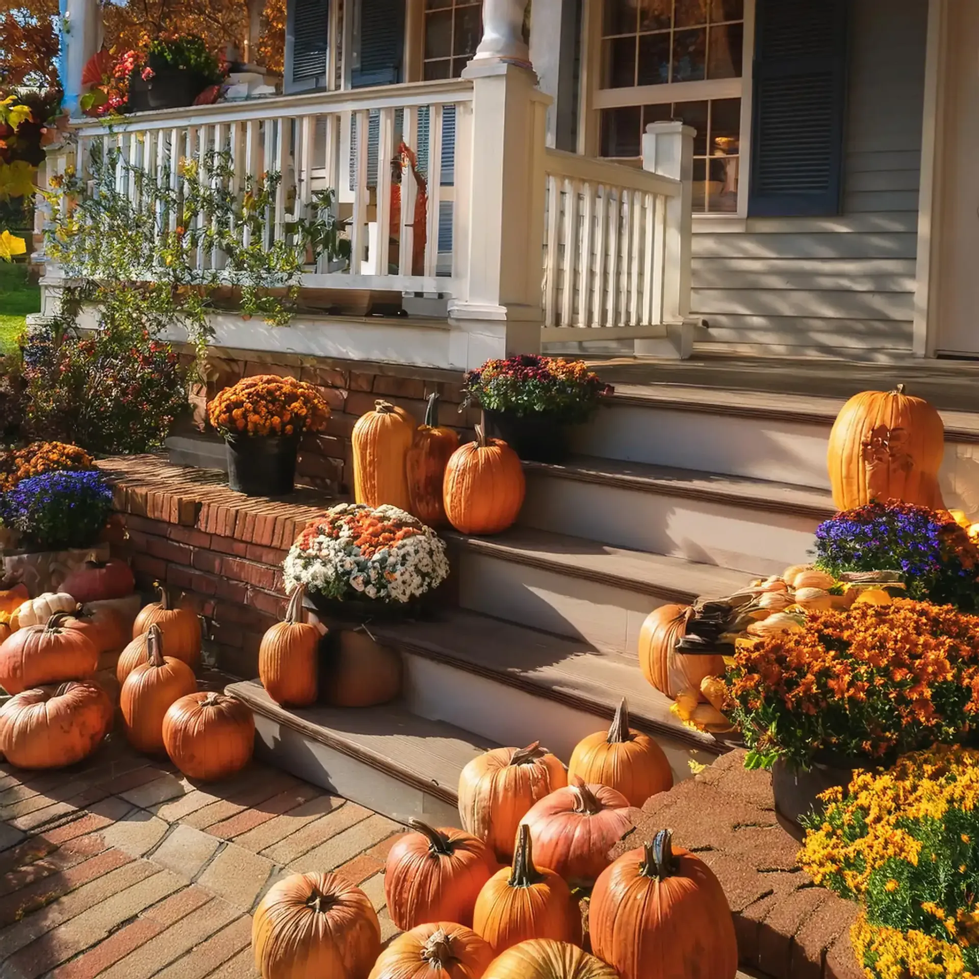 Autumn porch decorated with pumpkins, mums, and fall foliage.