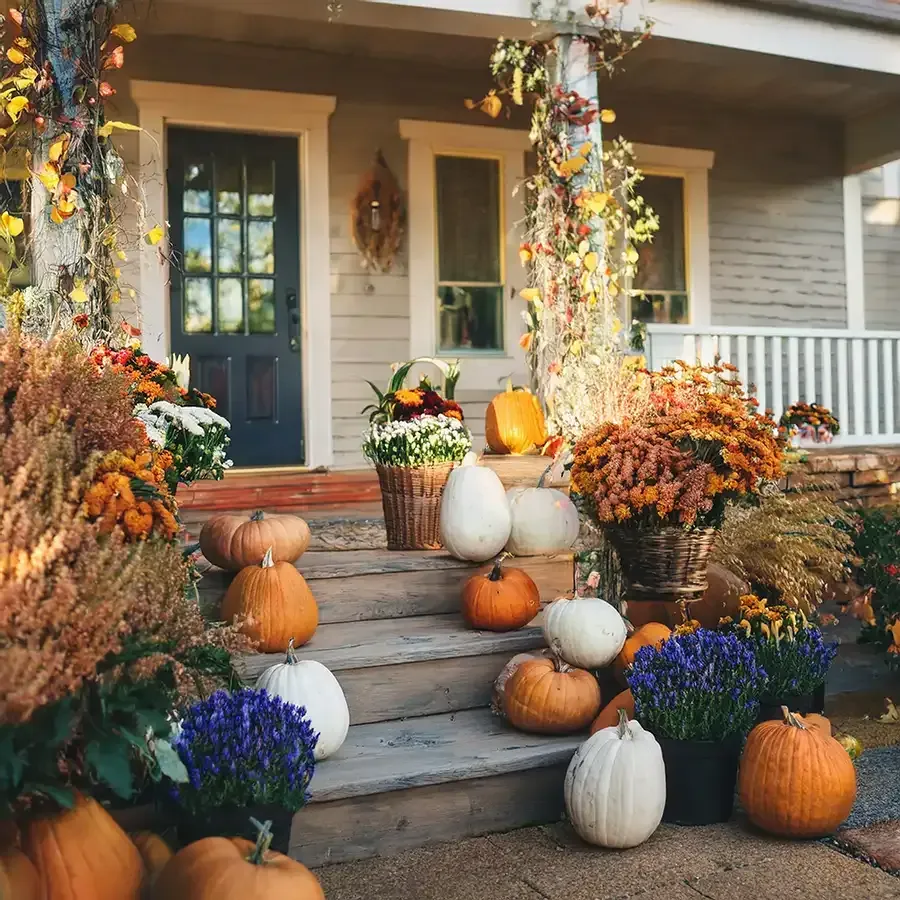 Fall-decorated house exterior with pumpkins, mums, and colorful foliage on the steps and porch.