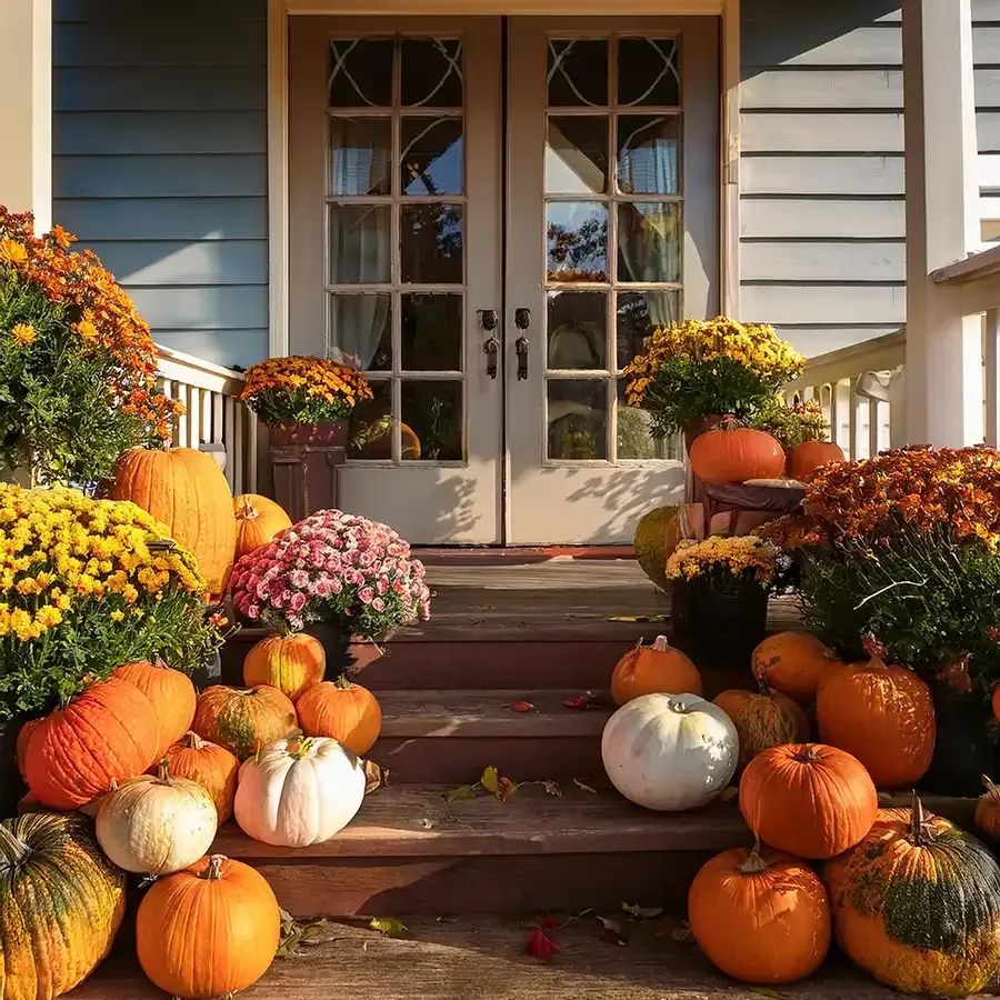 Fall porch decorated with pumpkins, mums, and colorful blooms near a blue house.