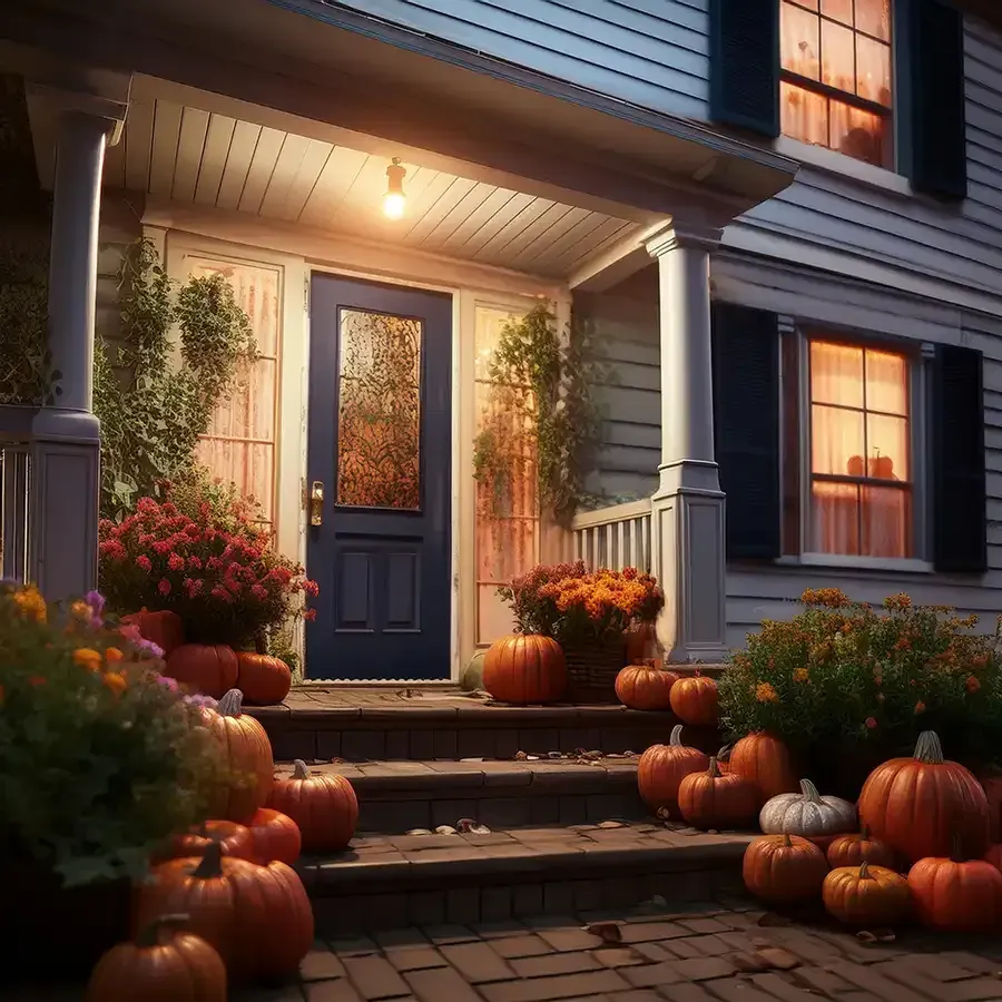 A house porch decorated with pumpkins and mums at dusk, blue door, warm light.