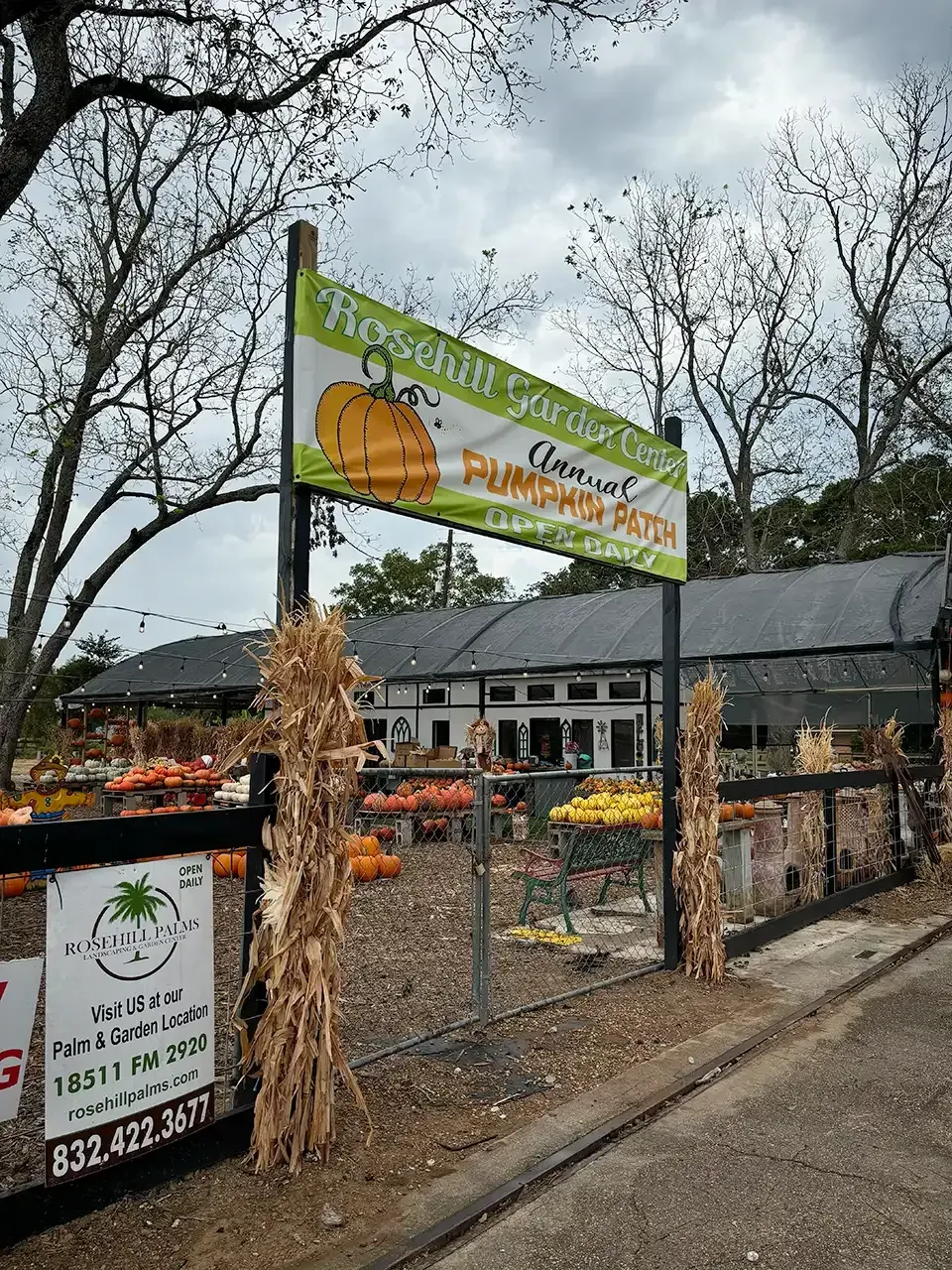 Entrance to Rosemont Gardens Pumpkin Patch, with sign and pumpkins.