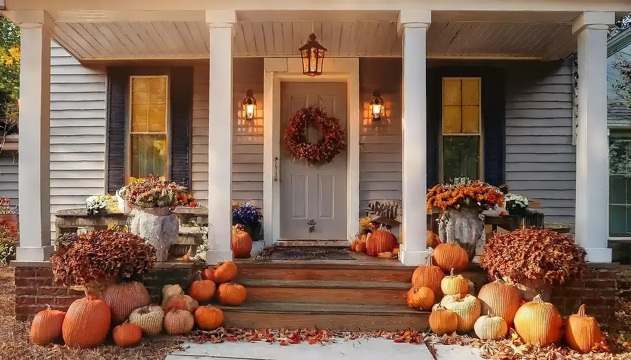 A house front porch decorated for fall with pumpkins, mums, and a wreath.