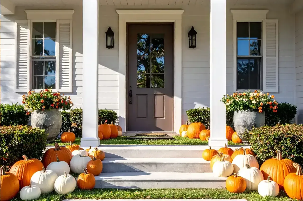 Fall-decorated porch with orange and white pumpkins, planters with flowers, white pillars and shutters, brown door.