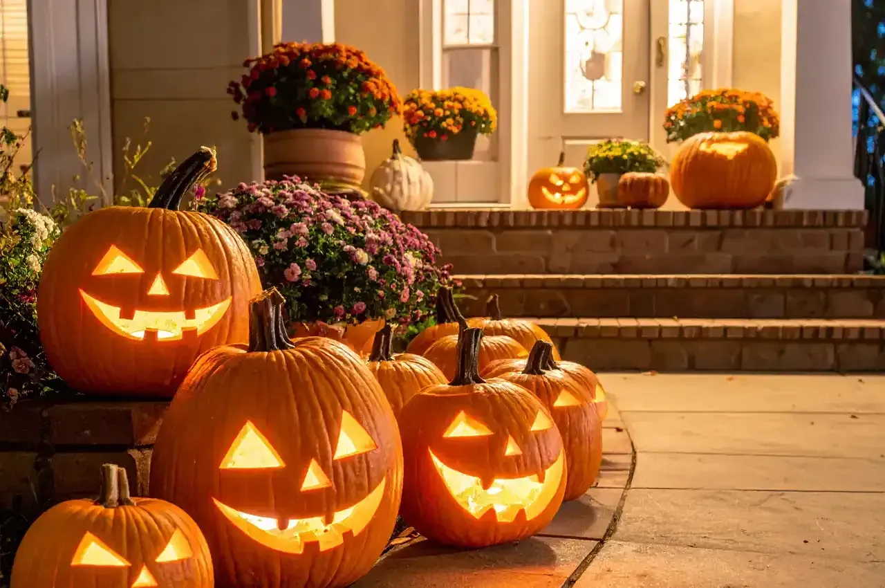 Lit jack-o'-lanterns and fall flowers decorate a porch for Halloween.