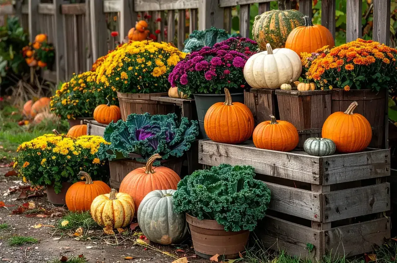 Pumpkins and colorful mums displayed in wooden crates for a fall harvest.