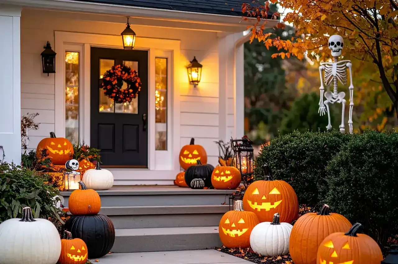 Halloween porch decorated with pumpkins, jack-o'-lanterns, and a skeleton; black door with wreath.