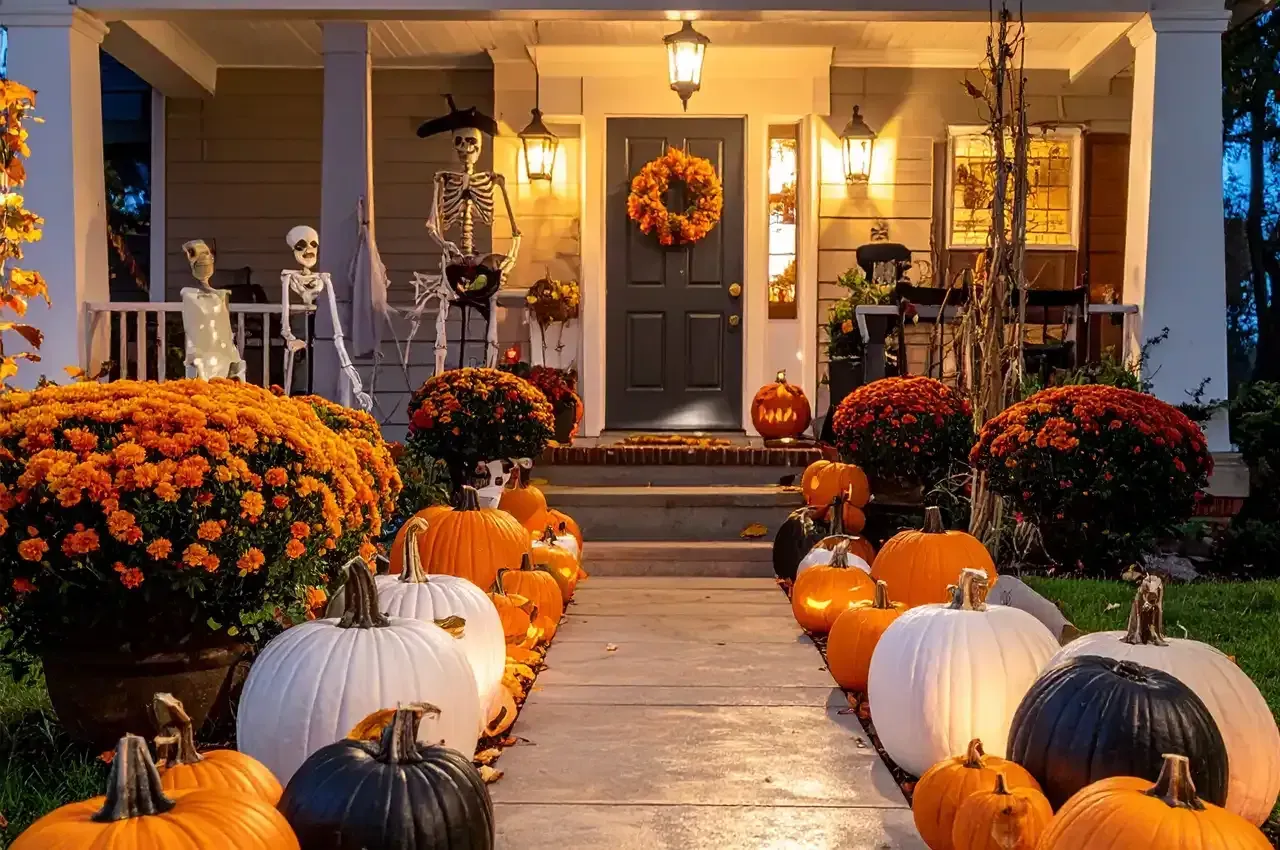 Halloween-decorated house with pumpkins lining the walkway, skeletons, and fall foliage.