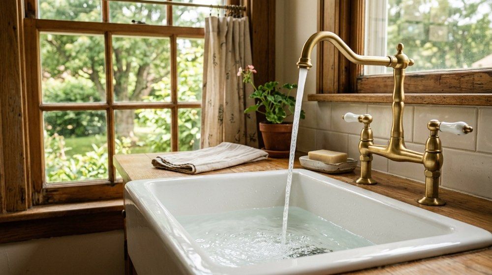 Sunlit bathroom with a white bathtub beneath a window and brass faucet, towels folded on the sill.