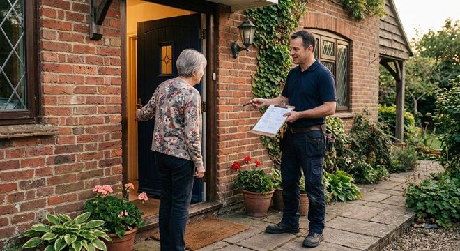 Two people talking at a brick house doorway, one holding papers and a clipboard in a garden path.