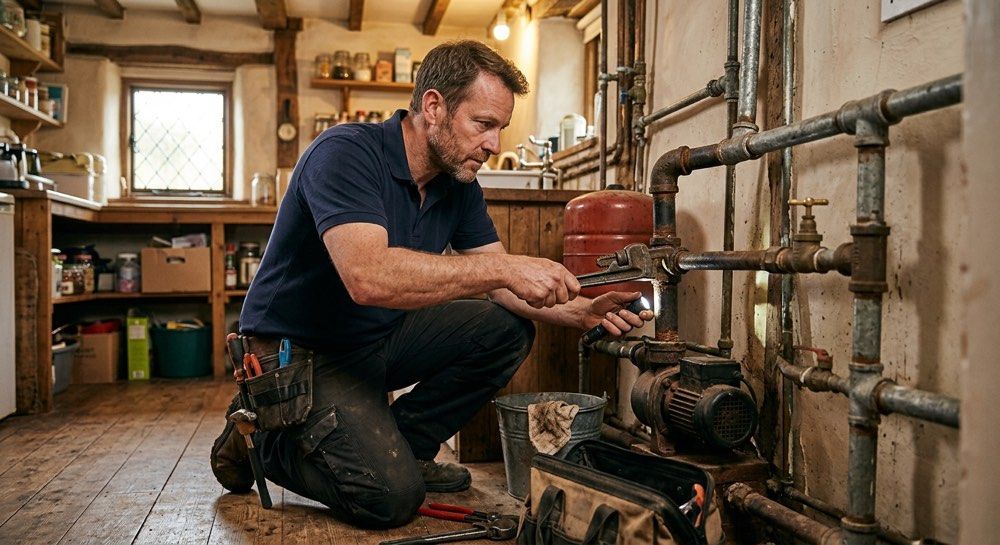 Plumber kneeling in a basement, repairing red boiler pipes with tools near a wall-mounted heating system