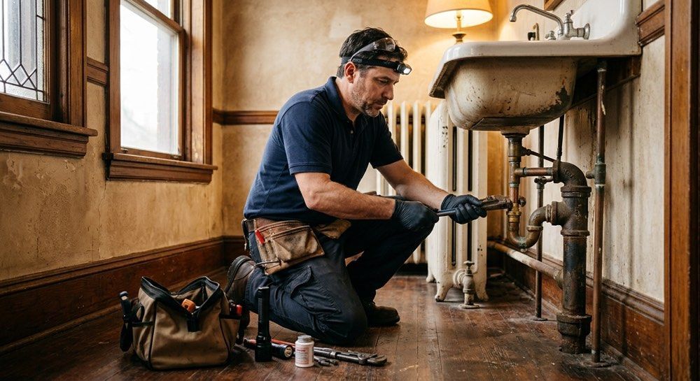 Plumber kneeling under a sink, inspecting pipes in a bathroom with tools on the floor.
