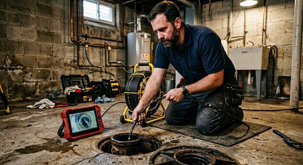 Mechanic kneeling in a workshop, repairing pipes beside a red tool box and scattered tools.