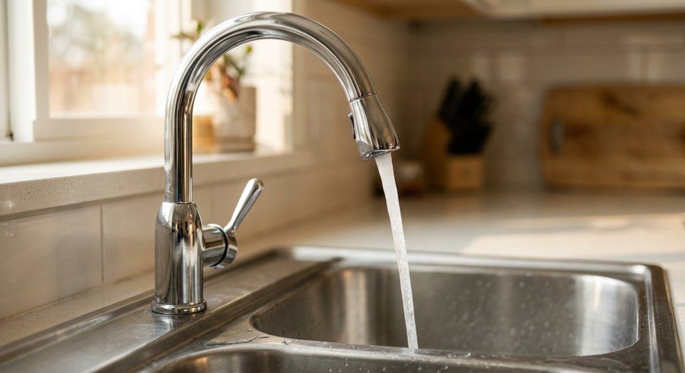 Kitchen faucet running into a stainless steel sink near a window.