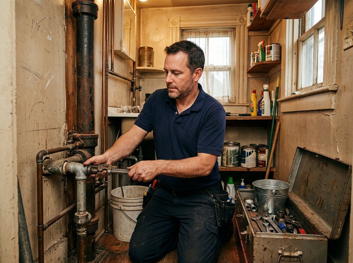 Man repairing pipes in a narrow utility room with exposed plumbing and tools.