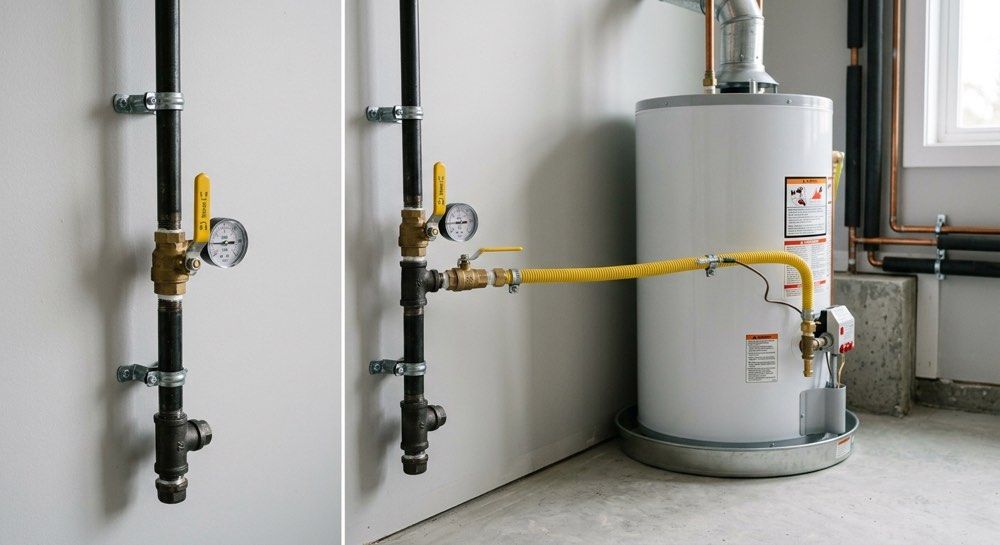 Gas pipes and valves connected to a water heater in a utility room, with a yellow line running along the wall.