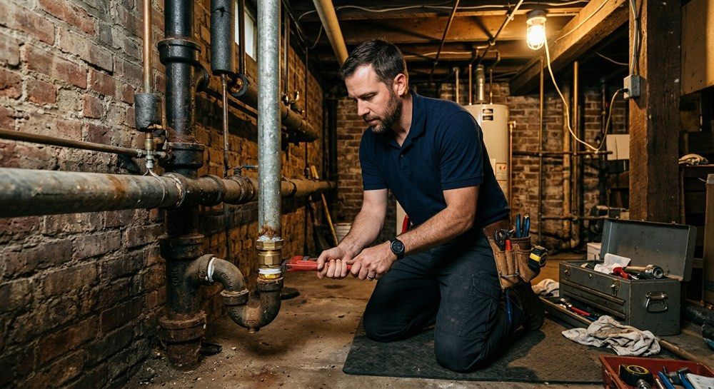 Plumber kneeling in a basement, tightening a pipe fitting beside exposed brick and tools.