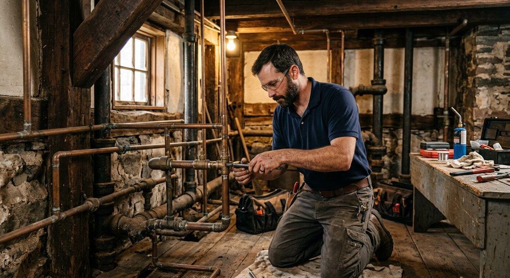 Man kneels in a rustic workshop, fixing a metal pipe beside tools and workbenches.