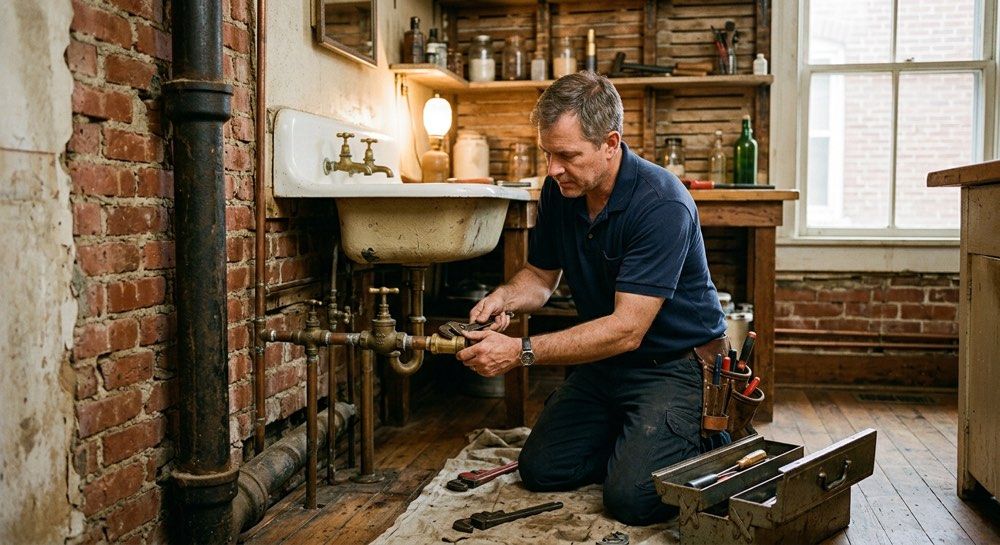 Plumber repairing a sink pipe in a rustic bathroom with exposed brick and wood floors