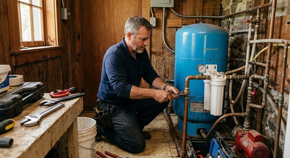 Technician kneeling beside a blue water tank, inspecting pipes in a rustic utility room.