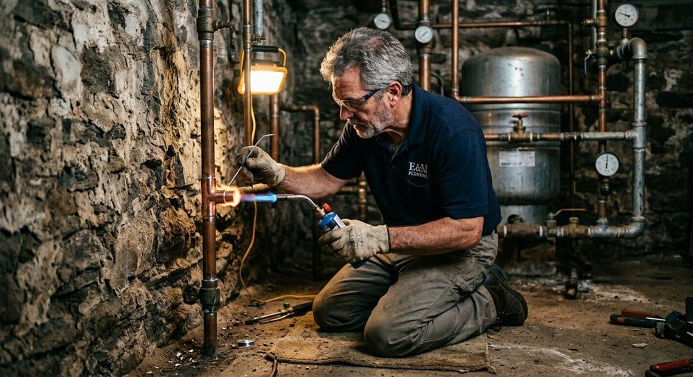 Technician kneels in a dark, grimy basement inspecting pipes with a flashlight and tools.