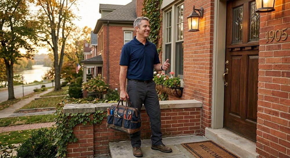 Man carrying a toolbox outside a brick house at sunset, standing by the front steps.