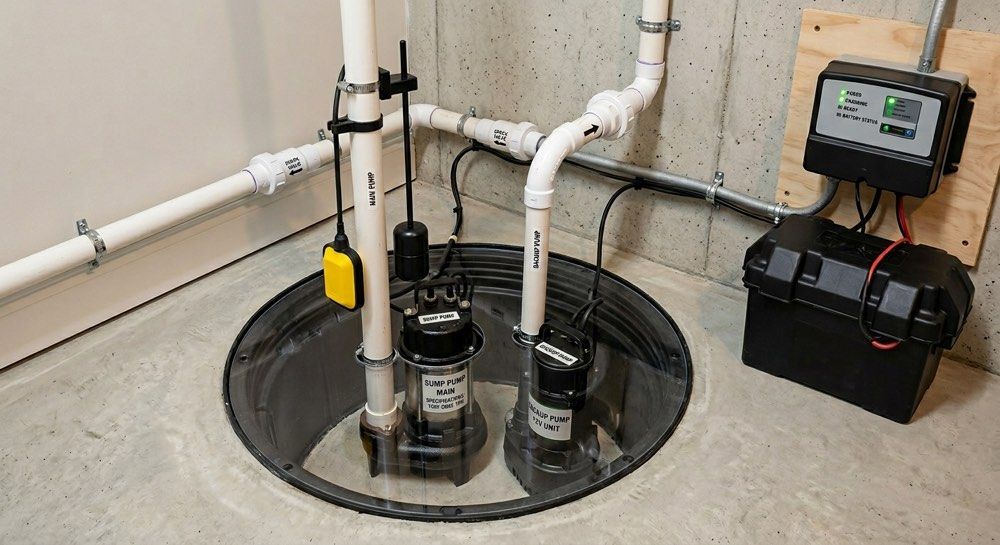 Pumps and pipes in a basement utility pit with a small control monitor.