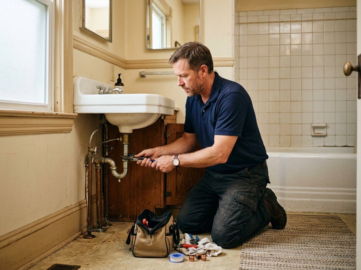 Plumber kneeling under a bathroom sink, repairing exposed pipes beside a bathtub.