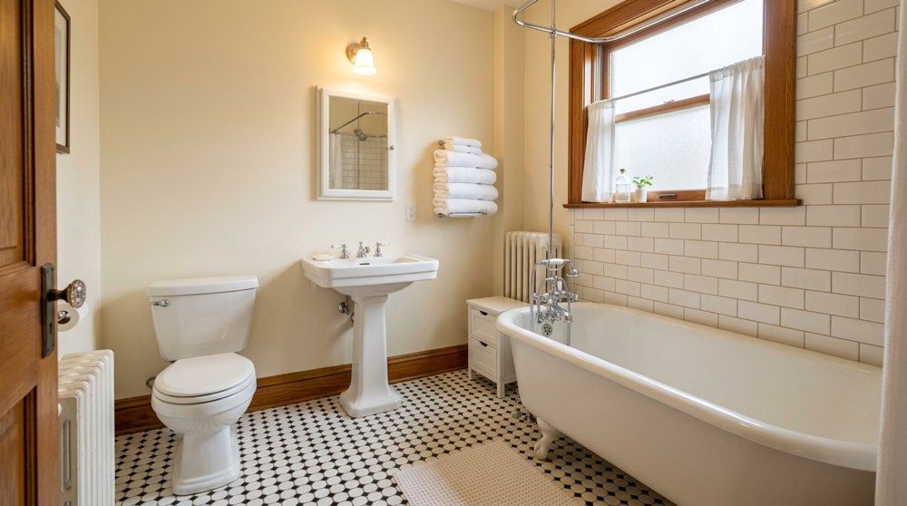 Bright bathroom with a pedestal sink, toilet, bathtub, and white subway tile walls.
