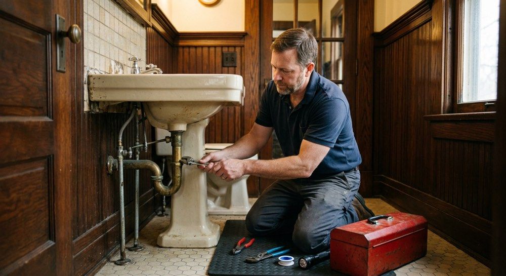 Technician kneels under a white sink, checking plumbing tools in a narrow wood-paneled bathroom