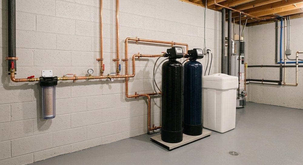 Basement utility room with water softener tanks, filtration system, and exposed copper piping.