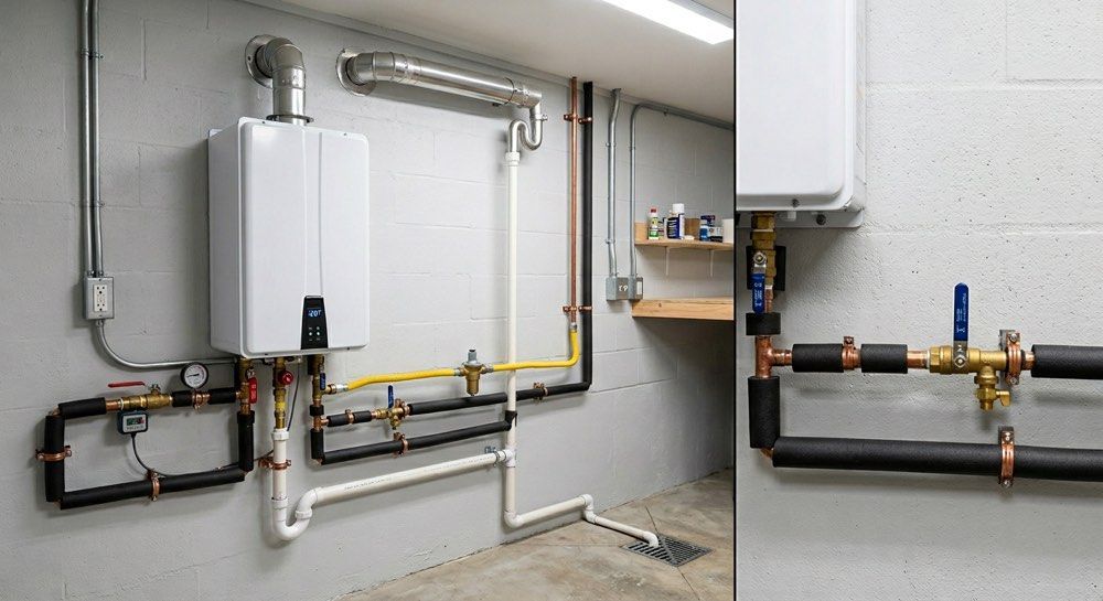 Utility room with wall-mounted boiler and exposed pipes, including yellow gas line and black plumbing.