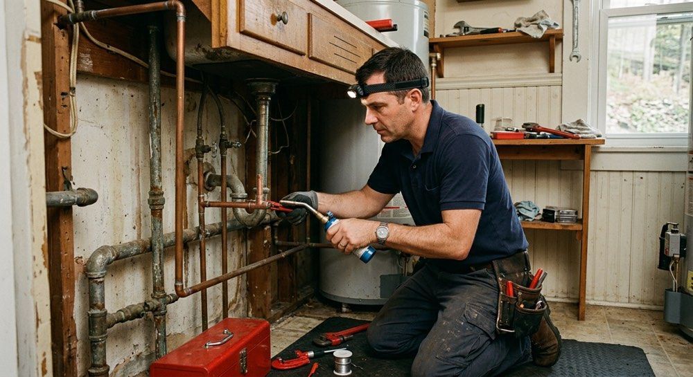 Technician repairing exposed plumbing under a sink in a kitchen, using tools near copper pipes