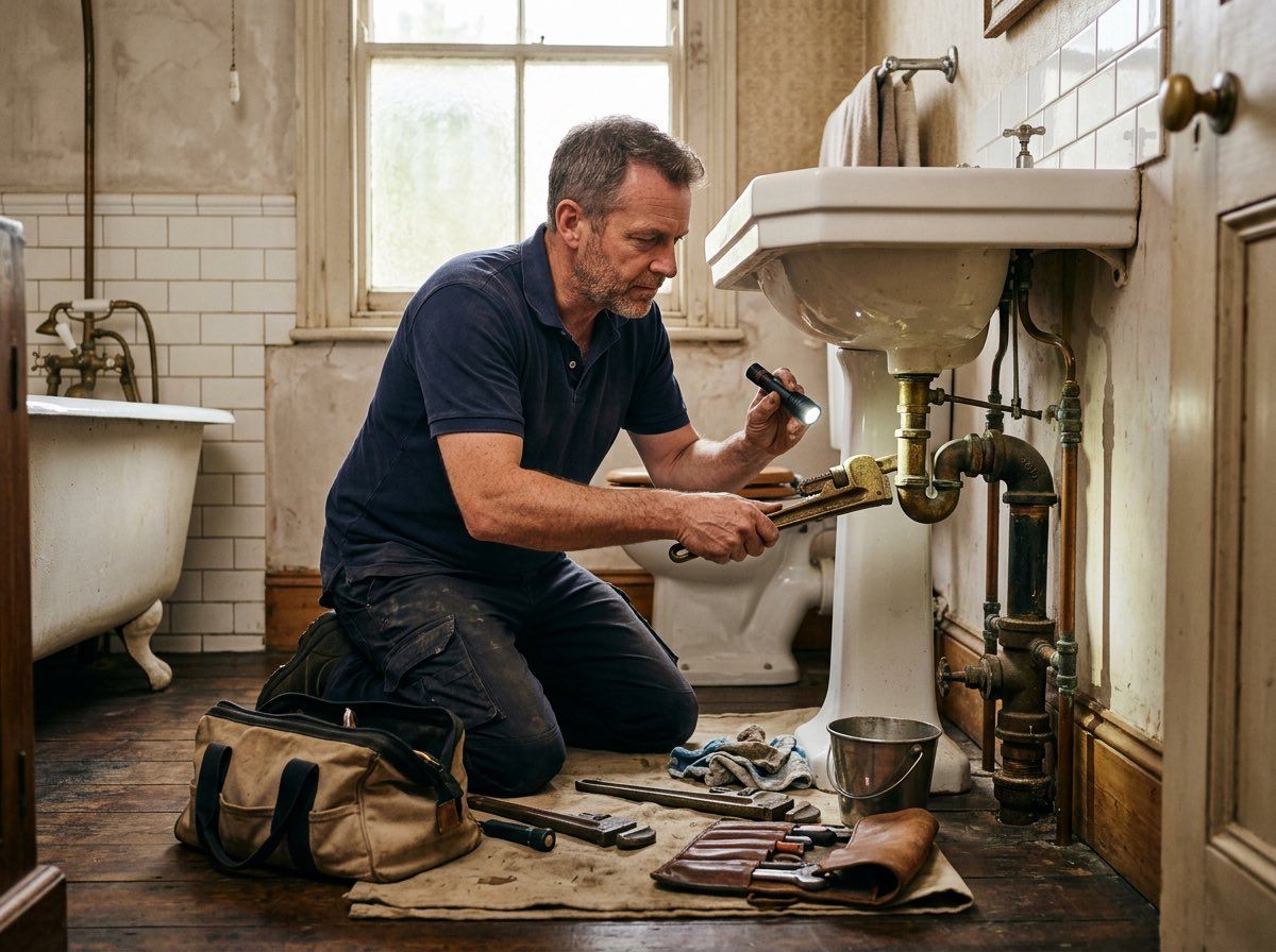Plumber kneeling under a sink, repairing pipes in a cluttered bathroom with tools spread on the floor