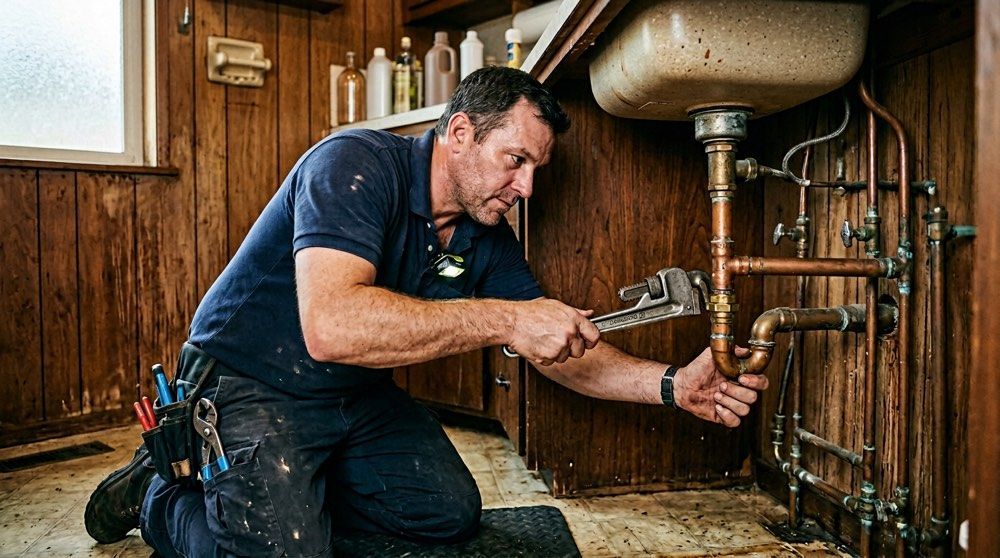 Plumber tightening pipes under a sink with a wrench in a wood-paneled kitchen