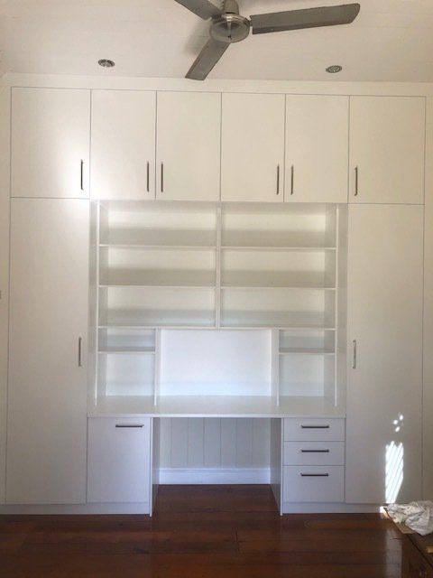 A Room with White Cabinets and a Ceiling Fan — Expert Cabinetmaker on the Sunshine Coast QLD