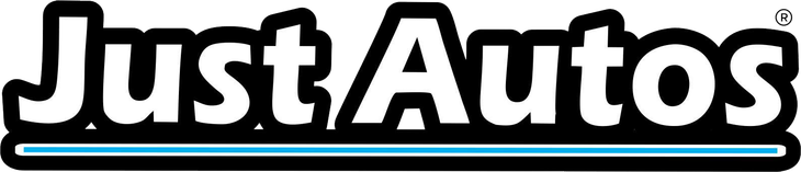 Logo for Just Autos, black text with white fill, black outline, and a thin, light blue line under the text.