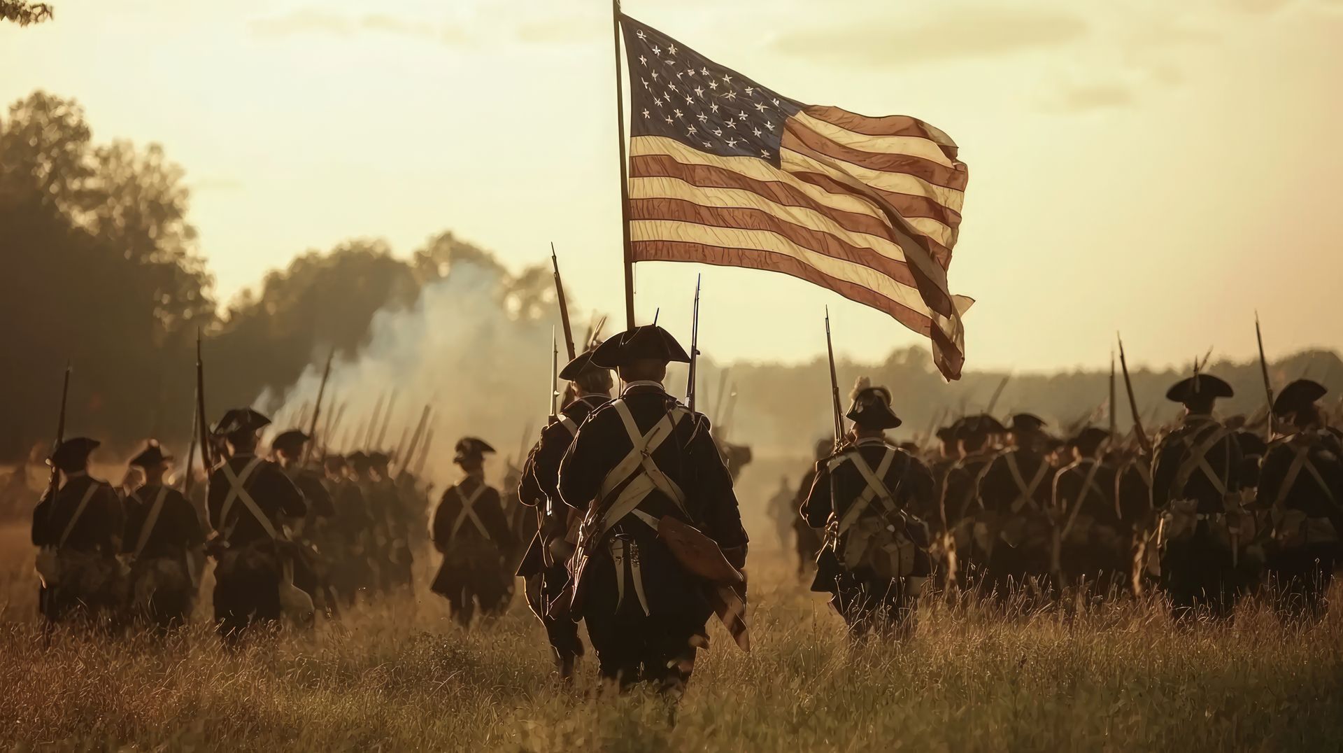 A group of soldiers marching in a field with an american flag