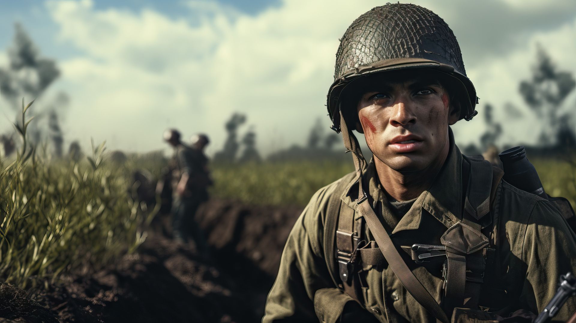 A soldier wearing a helmet is walking through a field
